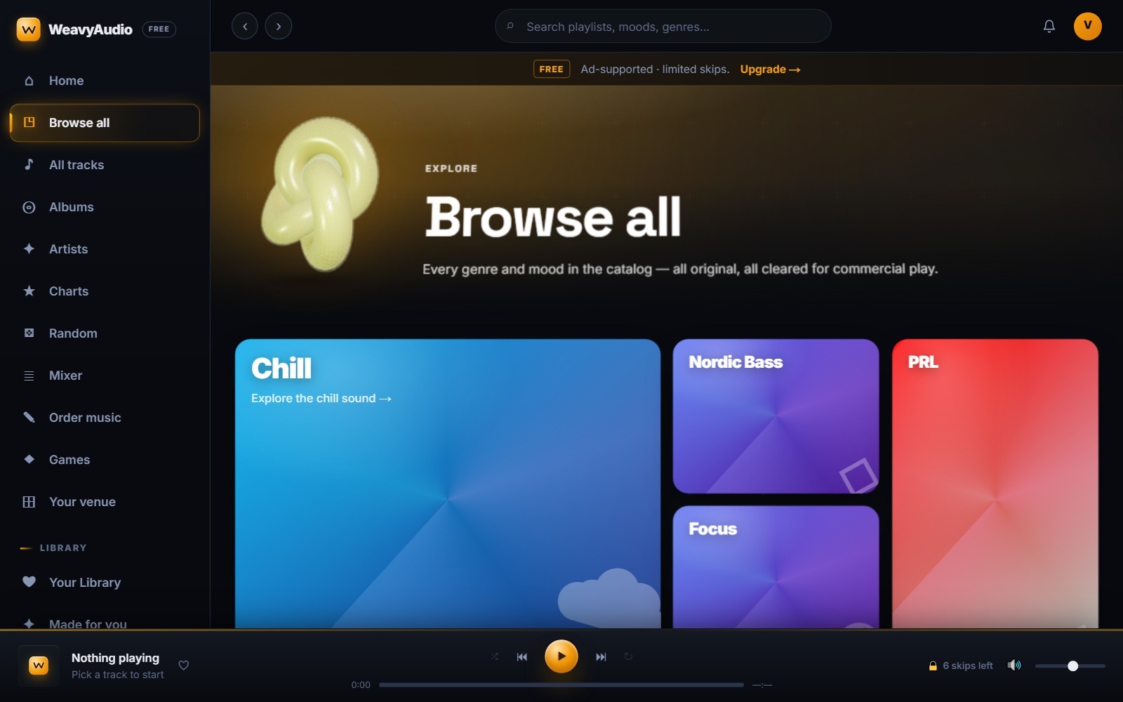 WeavyAudio — browse every genre and mood, all cleared for commercial play