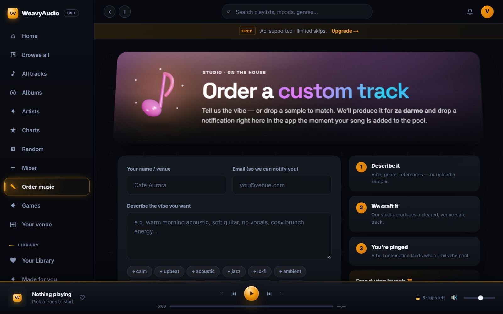WeavyAudio — order a free custom track for your venue