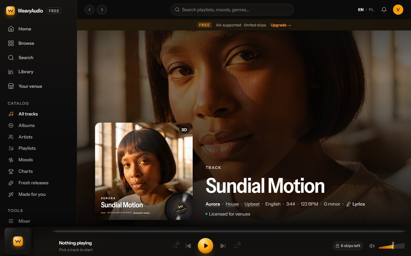WeavyAudio track page with a full-background cover, 3D cover card and synced lyrics