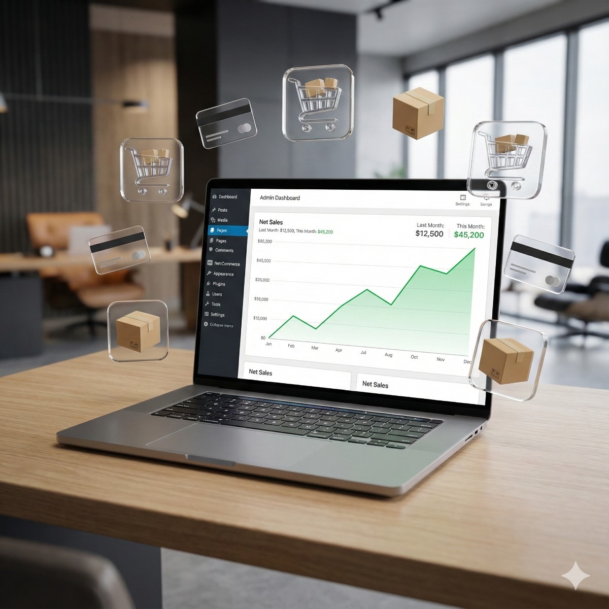 A MacBook Pro displaying a custom WooCommerce dashboard with a graph