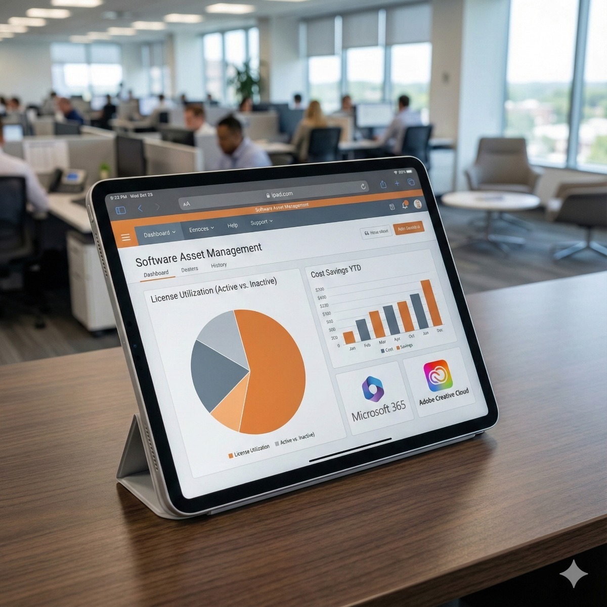 A tablet screen displaying a software asset management dashboard showing "License Utilization" graphs and cost savings metrics, sitting on a modern office desk.
