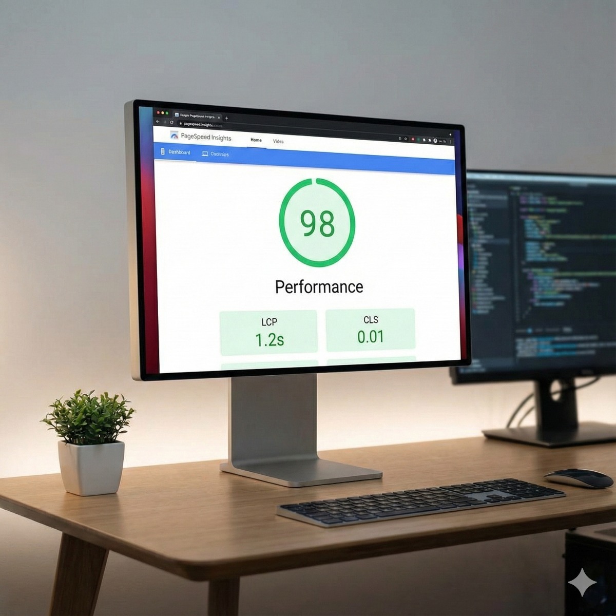 A computer monitor displaying the Google PageSpeed Insights dashboard with a large green "100" score and "Passed" status for Core Web Vitals.