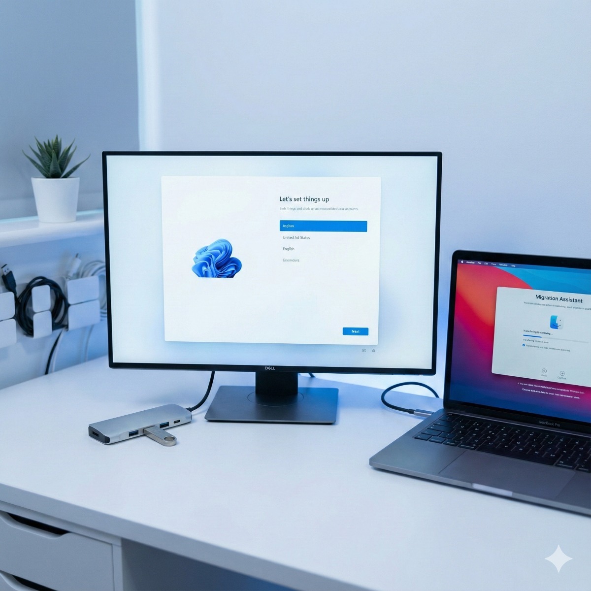 A monitor displaying the Windows 11 "OOBE" setup screen next to a MacBook showing the macOS installation bar, sitting on a clean white desk with a USB boot drive visible.