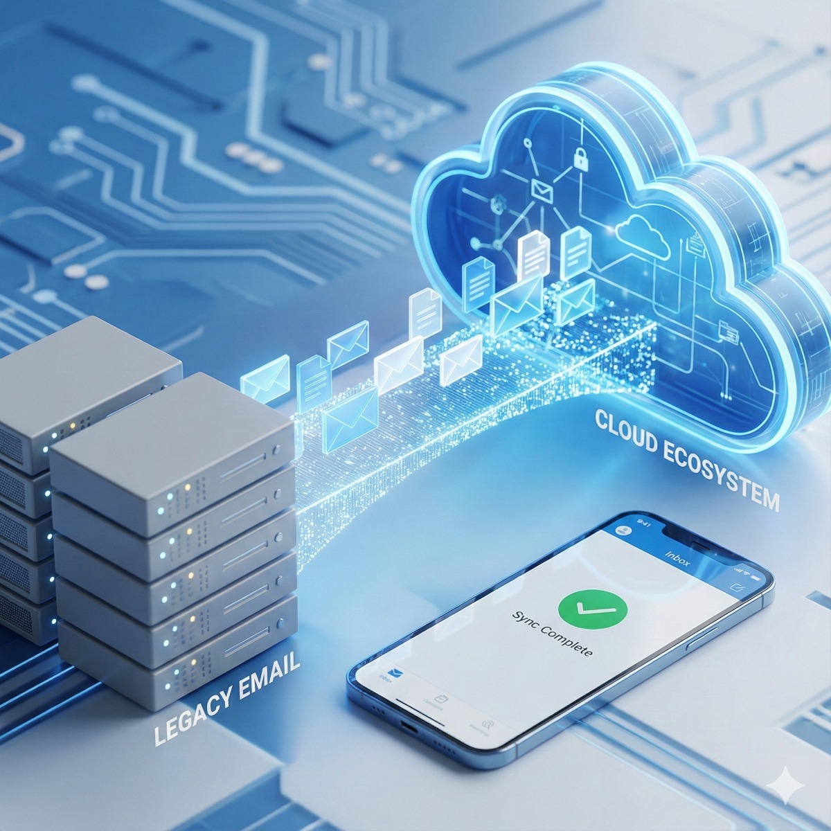 A split-screen graphic showing a progress bar moving data from a dusty server icon to a clean, glowing cloud icon labeled "Exchange Online," with an Outlook mobile app open in the foreground.