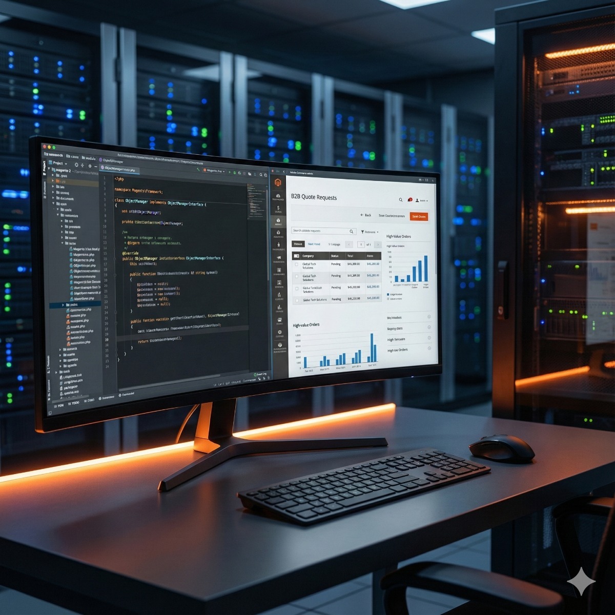 A dual-monitor setup showing the Magento 2 code structure (XML/PHP) on one screen and the Adobe Commerce B2B Dashboard on the other, featuring a "Quote Request" grid.