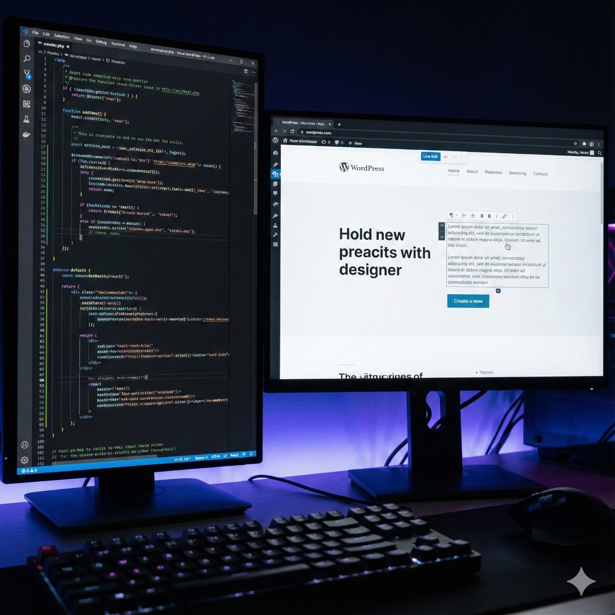 A dual-monitor setup showing Visual Studio Code editor with PHP code on the left, and a rendered, beautiful WordPress website on the right.