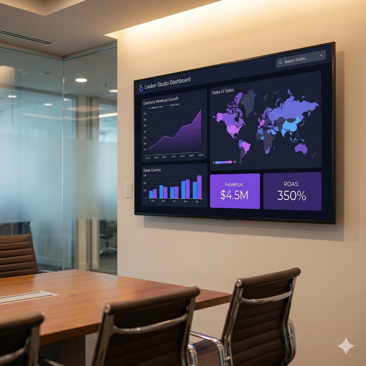 A wall-mounted monitor in a conference room displaying a comprehensive dark-mode Looker Studio dashboard with colorful line charts, scorecards, and a map visualization.