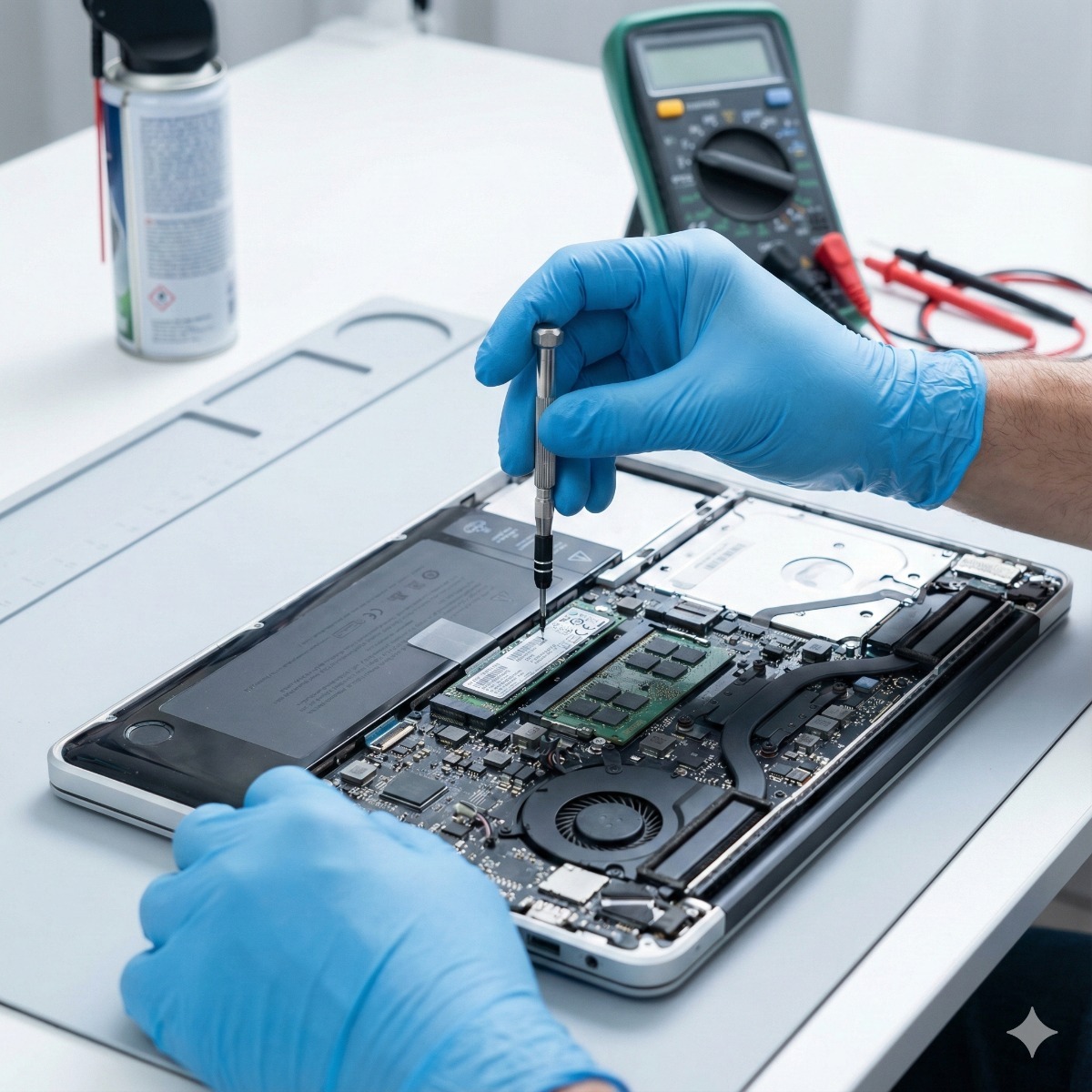 IT technician wearing anti-static gloves using a precision screwdriver to install a new NVMe SSD drive into an open laptop motherboard on a clean ESD mat.