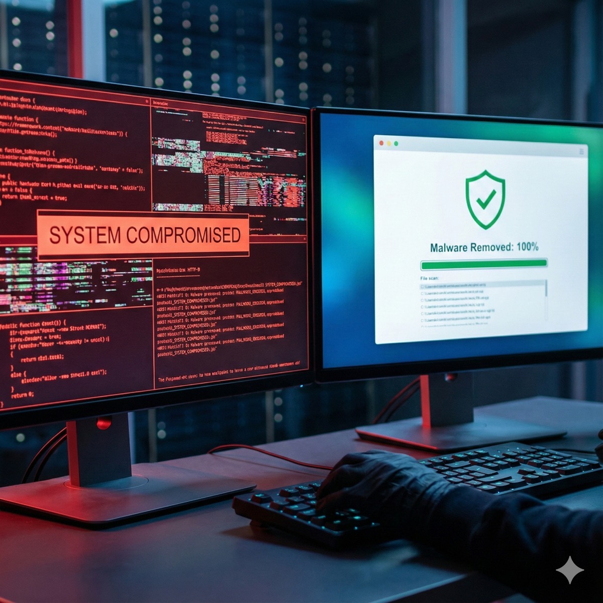 A laptop screen displaying a cybersecurity dashboard with a "Threat Removed" notification and a green shield icon, set against a dark, technical background.
