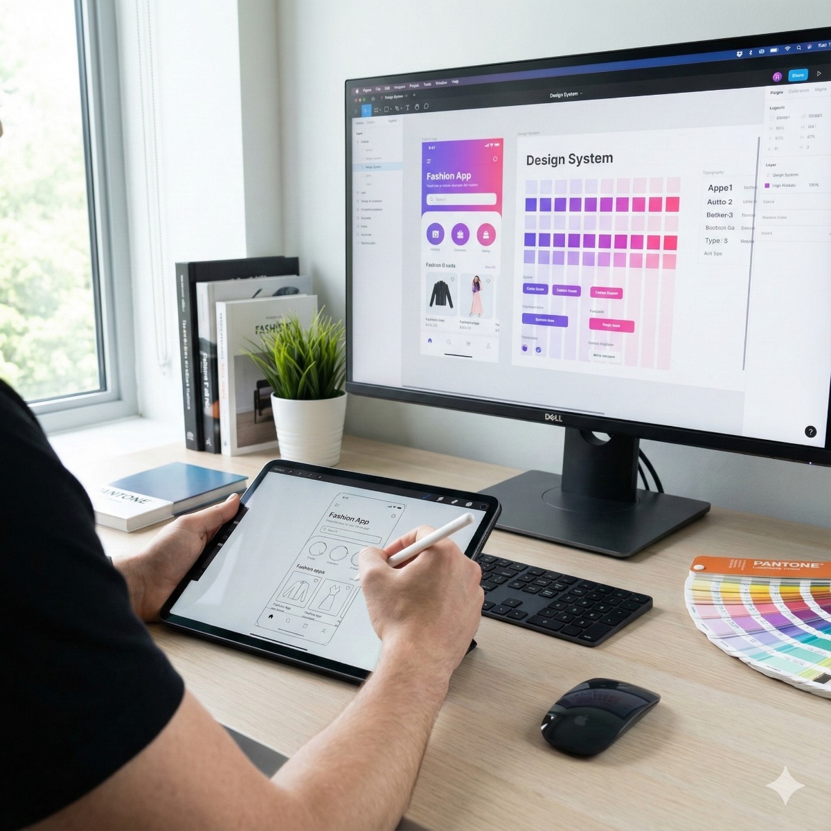 A close-up of a designer's hand using an Apple Pencil on an iPad Pro, sketching a wireframe for a mobile shopping cart that transitions into a high-fidelity colorful interface.