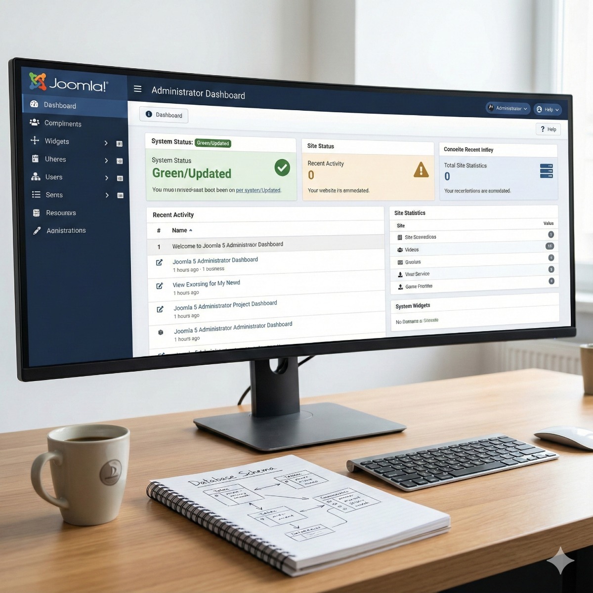 A monitor displaying the modern Joomla 5 Administrator Dashboard with a "System Up to Date" green notification, surrounded by technical sketches of database structures.