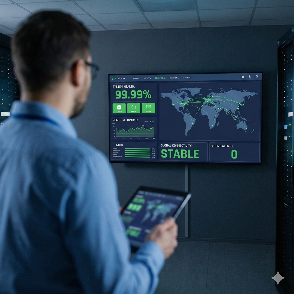 A large Network Operations Center (NOC) dashboard screen displaying "System Healthy" status indicators and green uptime graphs, overseen by a professional IT manager.