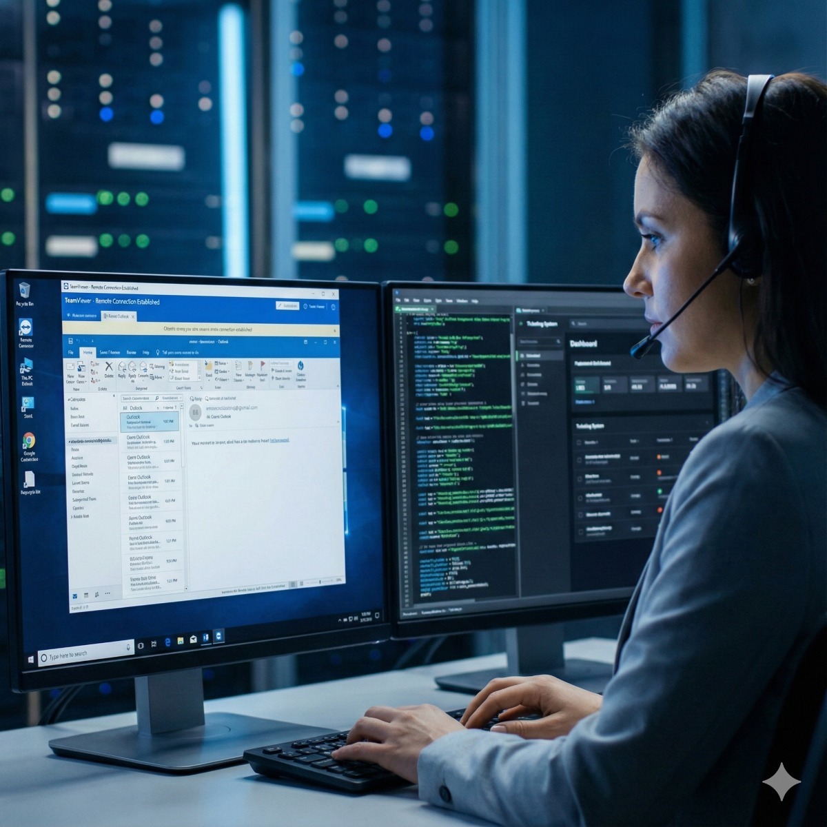 A professional IT support agent wearing a headset, viewing a client's remote desktop screen on a large monitor via TeamViewer software.
