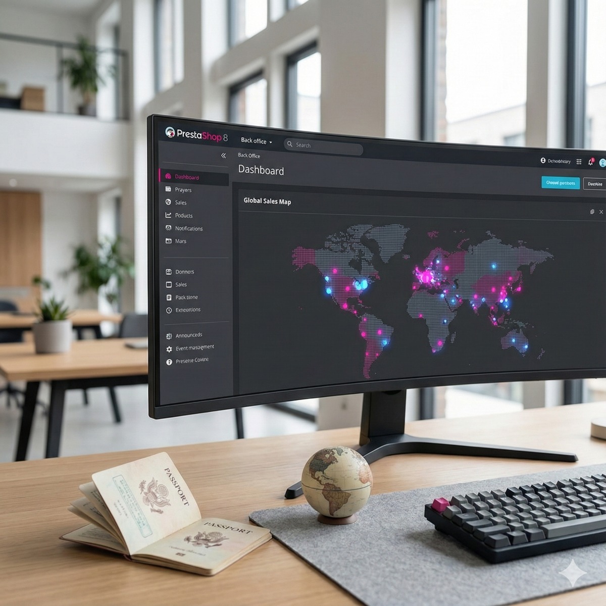 A wide monitor displaying the PrestaShop "Multi-Store" dashboard, showing a map of the world