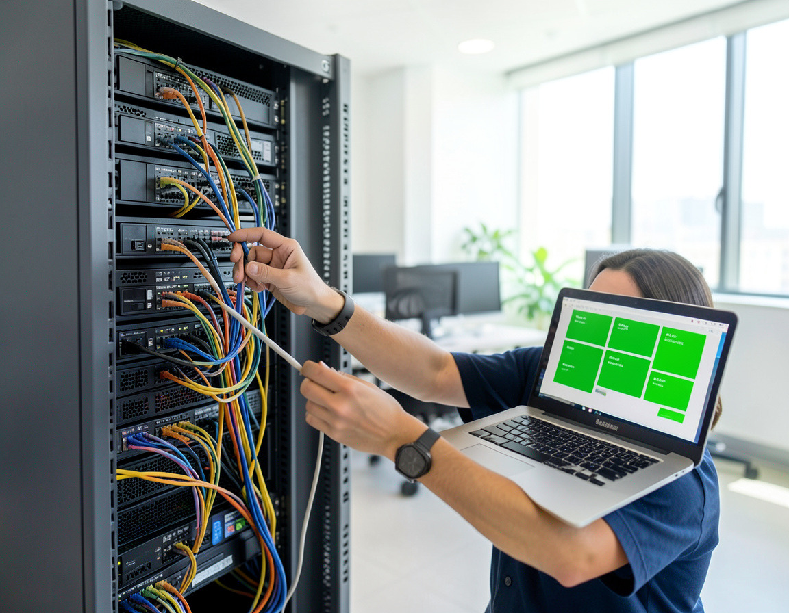 IT technician doing scheduled maintenance on an office server rack under a service contract