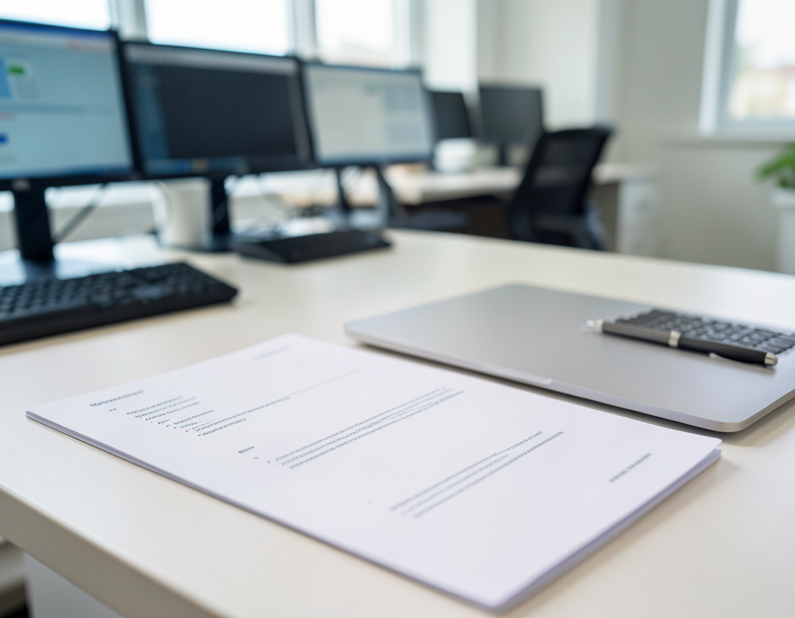 Signed IT maintenance agreement and laptop on a desk