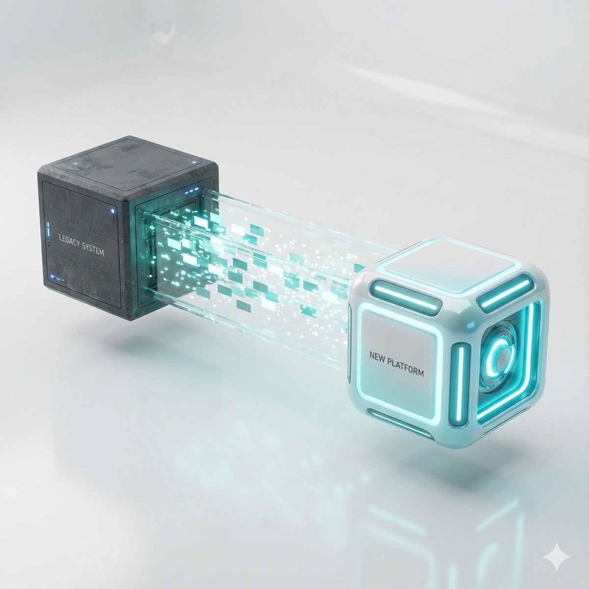 A digital illustration of two servers; a stream of glowing data cubes flows smoothly