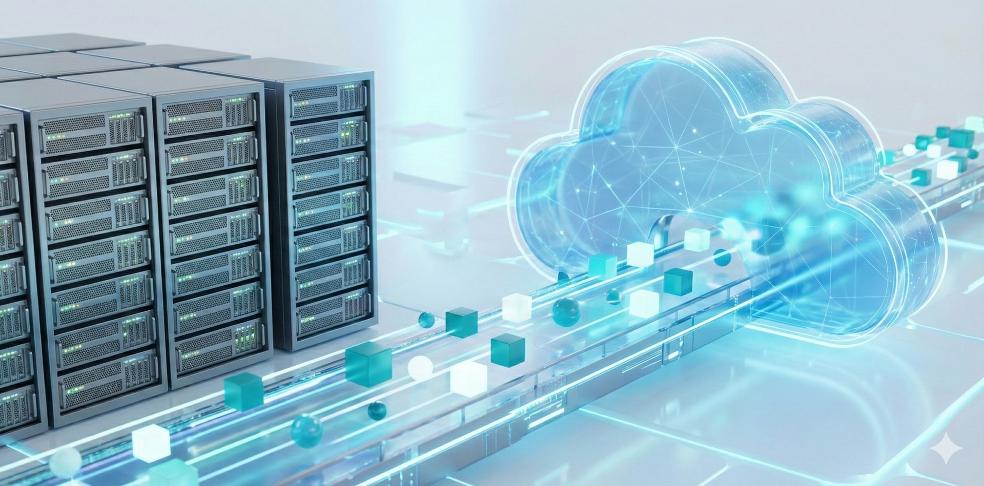 A visualization of a data center server rack with a glowing "Transfer Complete" status bar