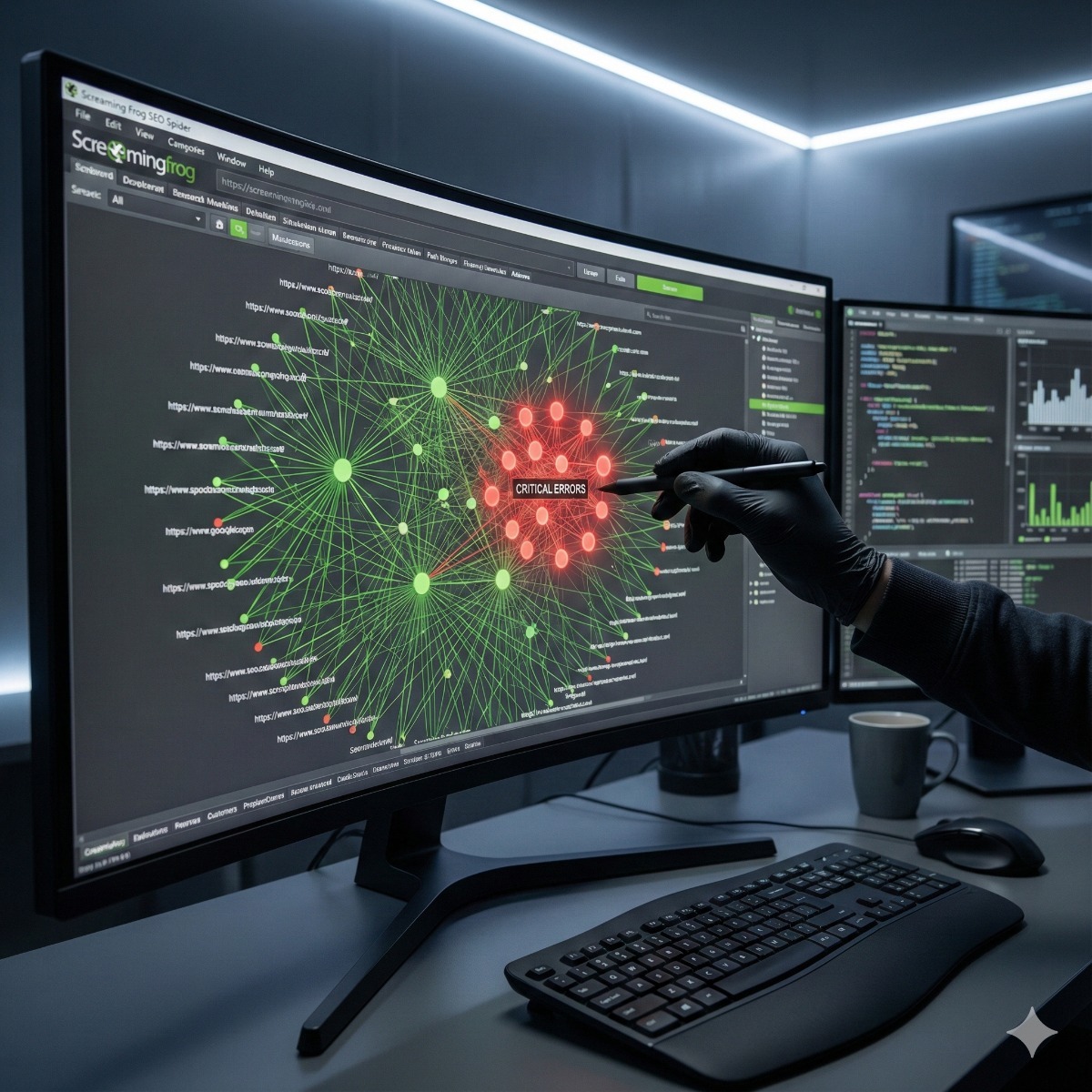 A monitor displaying a "Screaming Frog" SEO spider crawl visualization