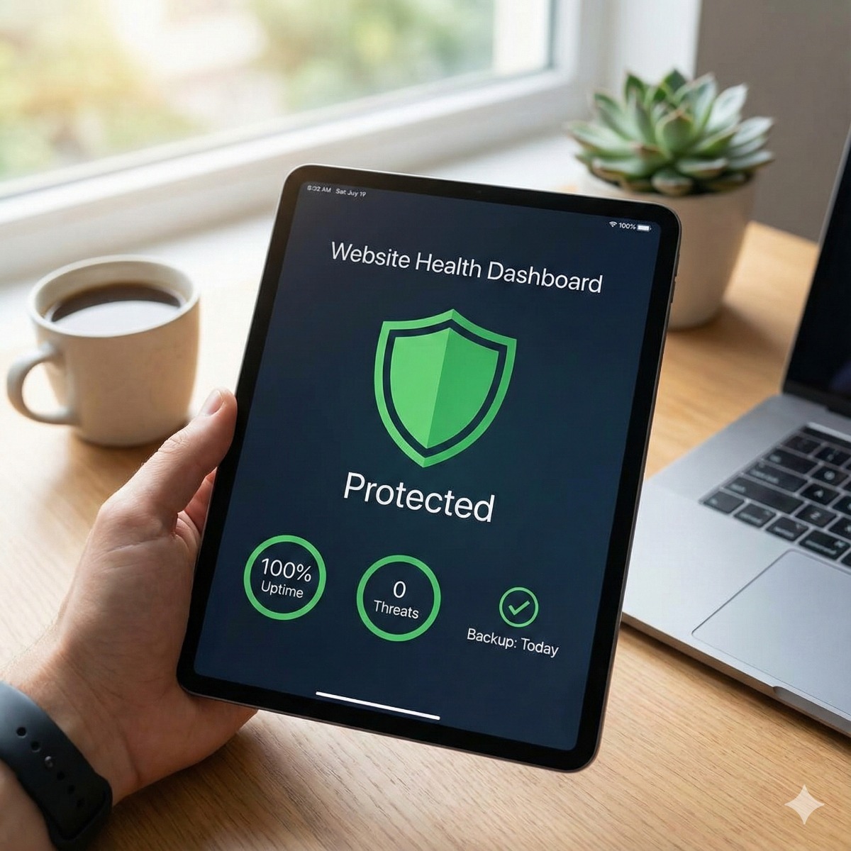 A tablet displaying a "System Health Dashboard" showing 100% Uptime, 0 Threats Detected