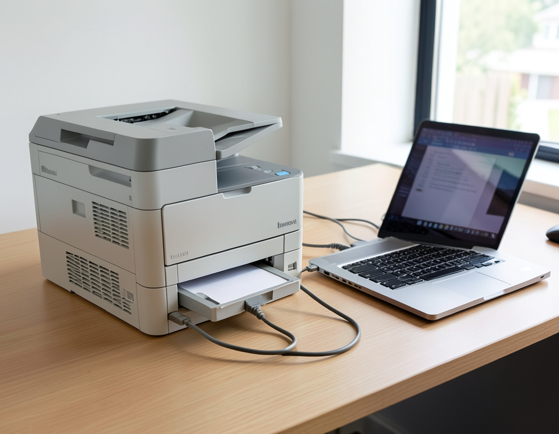 Office printer and scanner connected to a laptop for driver setup