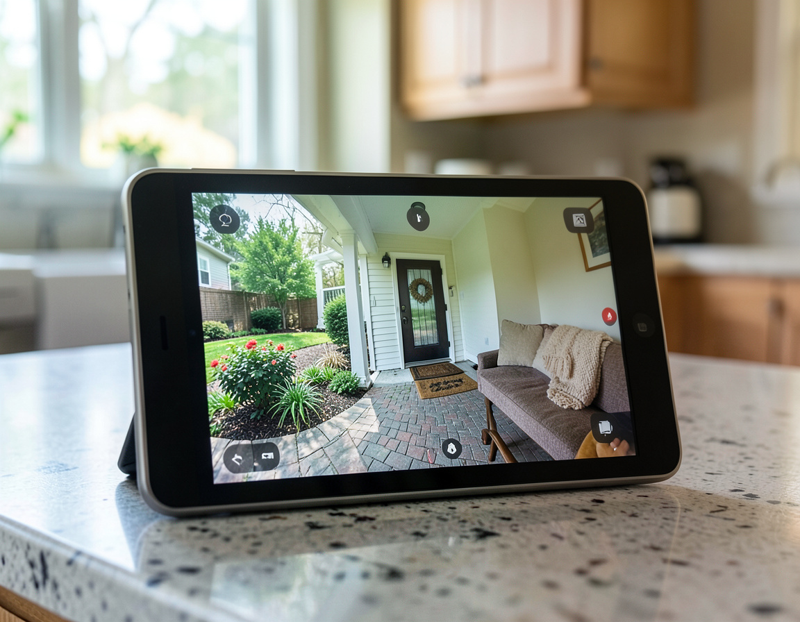 Tablet showing a live home security camera feed