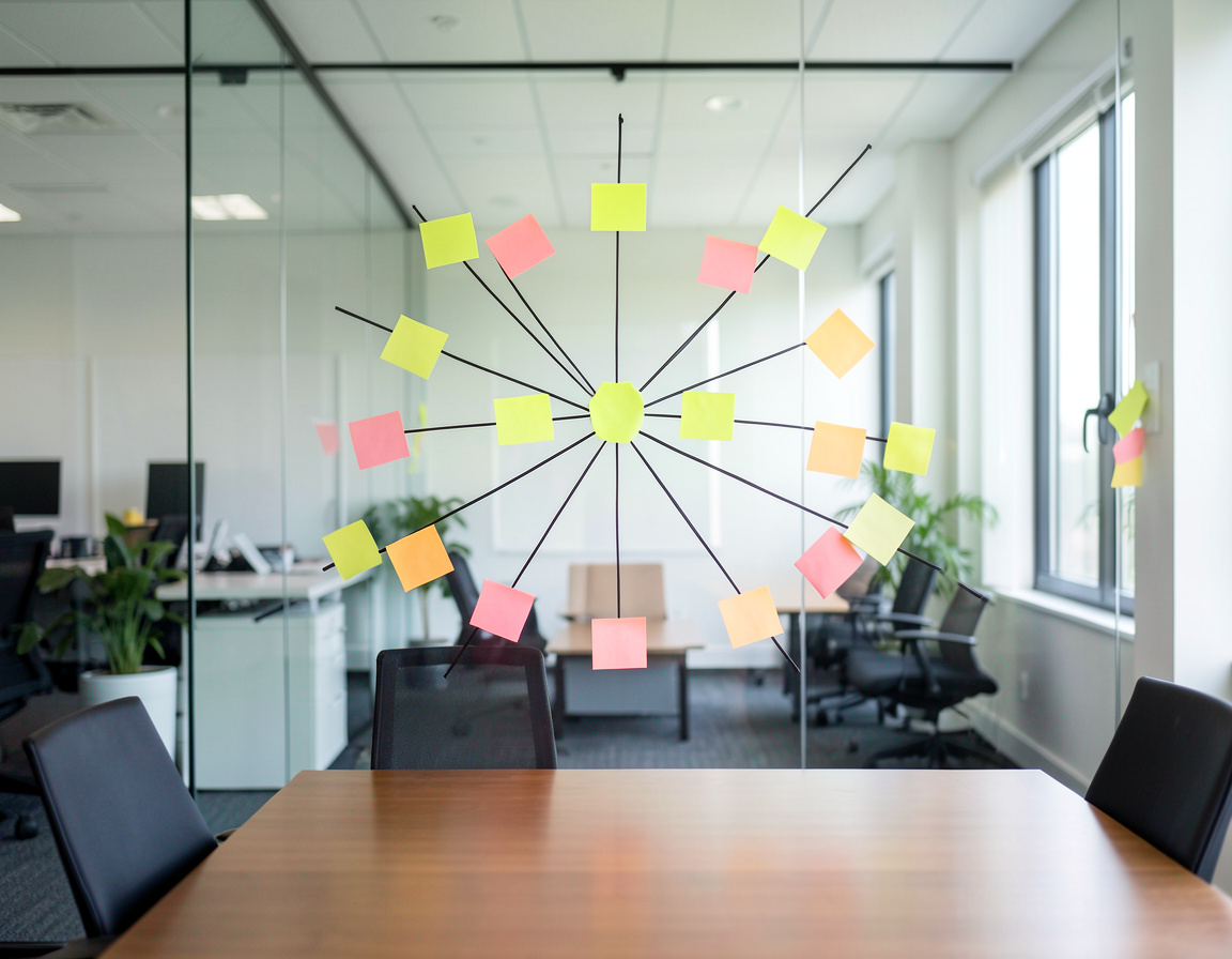 Hub and spoke site structure mapped on a glass wall