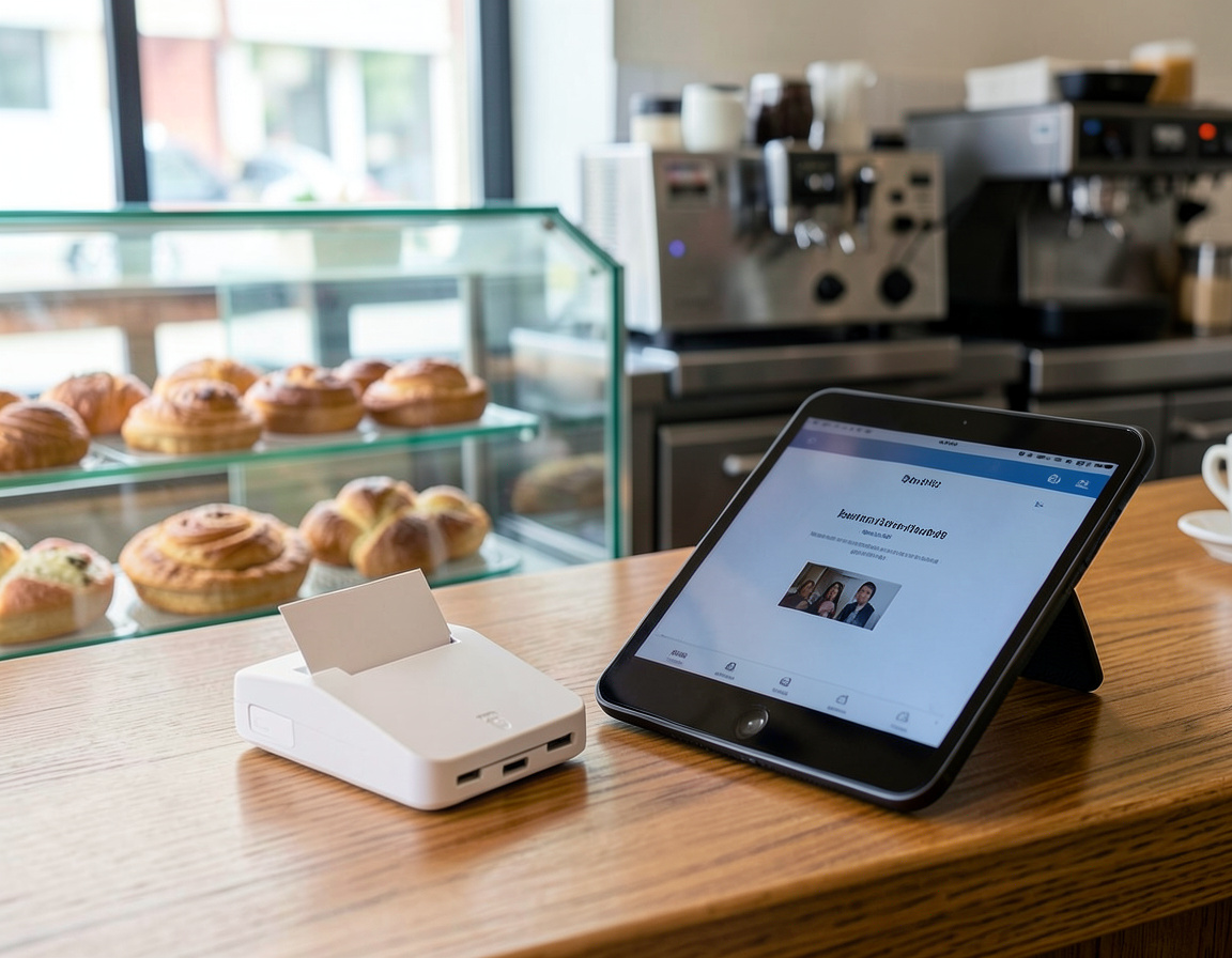 Tablet point-of-sale with card reader on a cafe counter