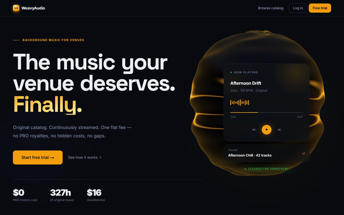 WeavyAudio homepage — background music for venues