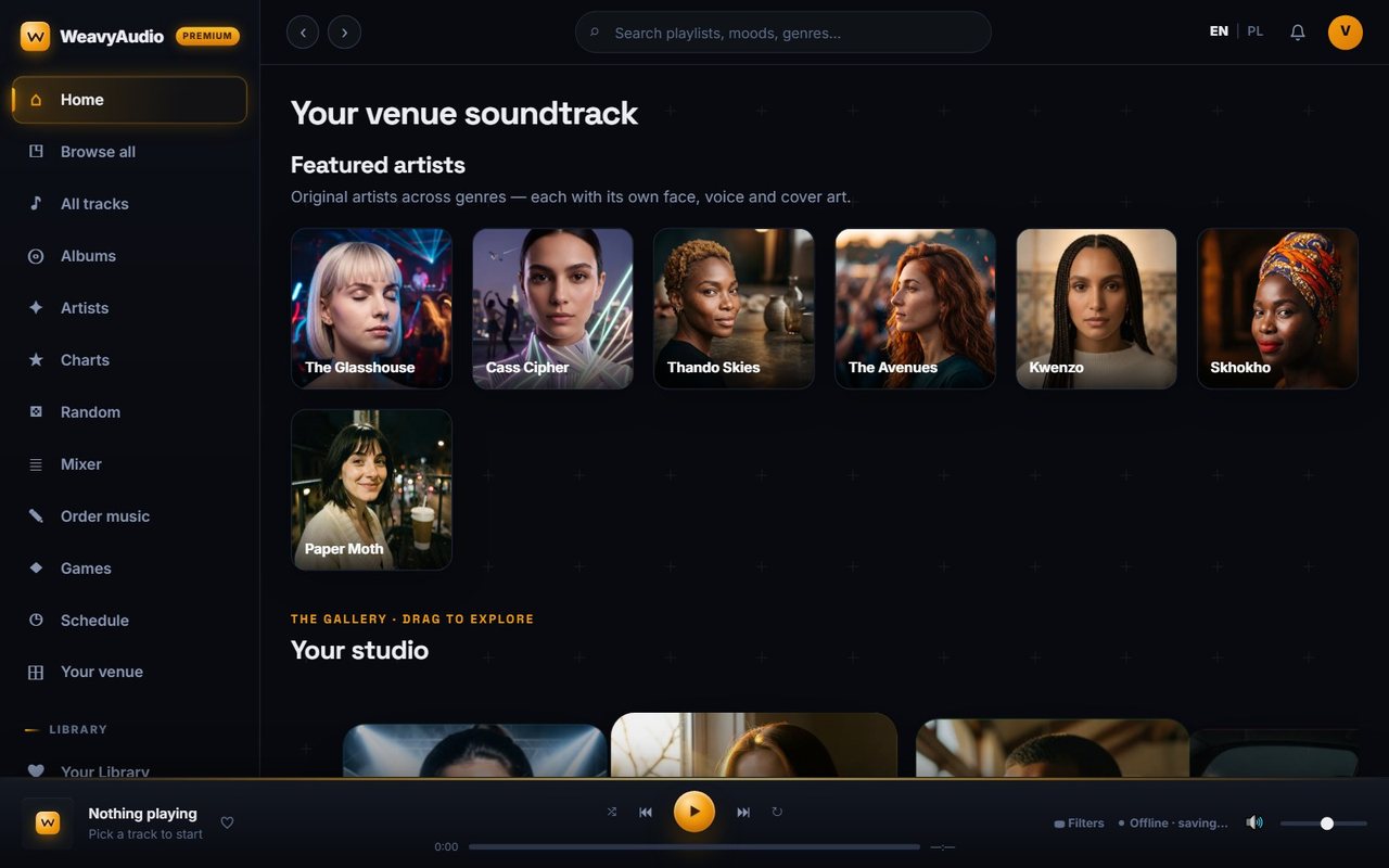 WeavyAudio app home screen with sidebar menu, Featured artists grid, Your studio gallery and the bottom player bar