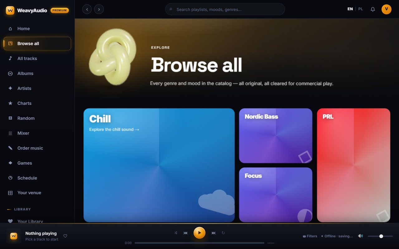 Browse all page with large gradient genre tiles for Chill, Nordic Bass, Focus and PRL