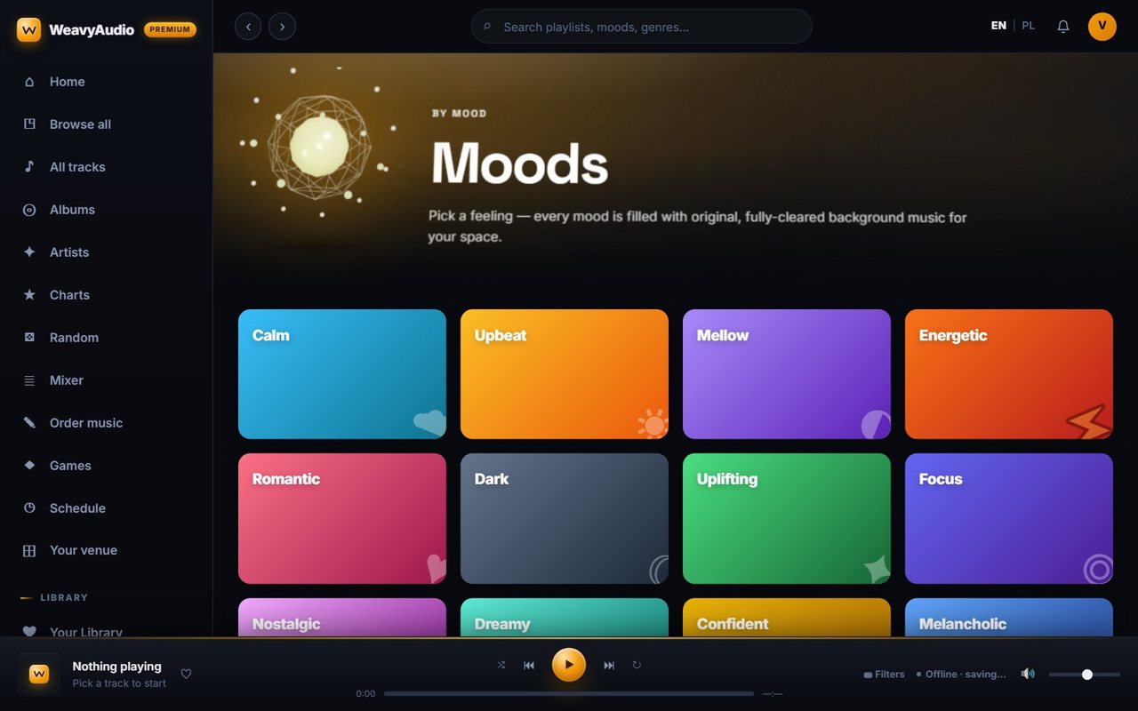 Moods page with twelve colored tiles including Calm, Upbeat, Mellow, Energetic, Romantic, Dark and Focus