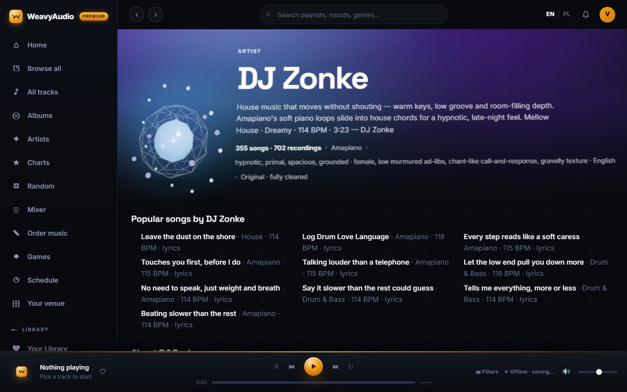 DJ Zonke artist page with sound description, 355 songs and 702 recordings, and a grid of popular songs