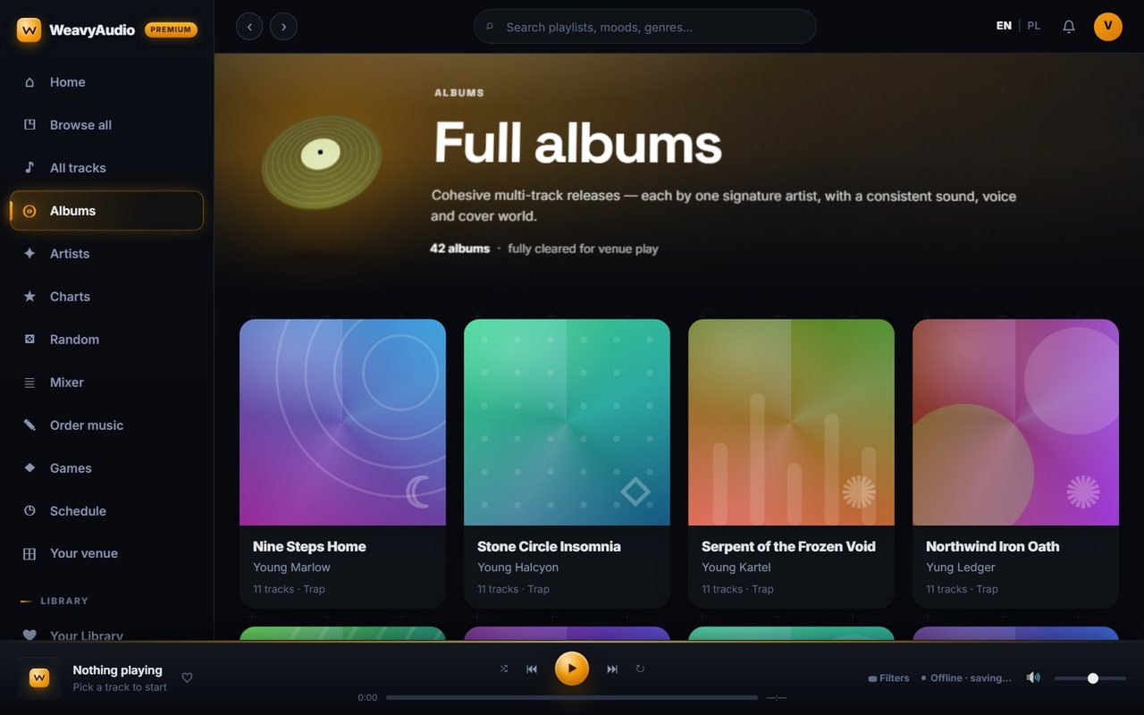 Full albums page showing 42 albums as colorful square tiles, starting with Nine Steps Home by Young Marlow