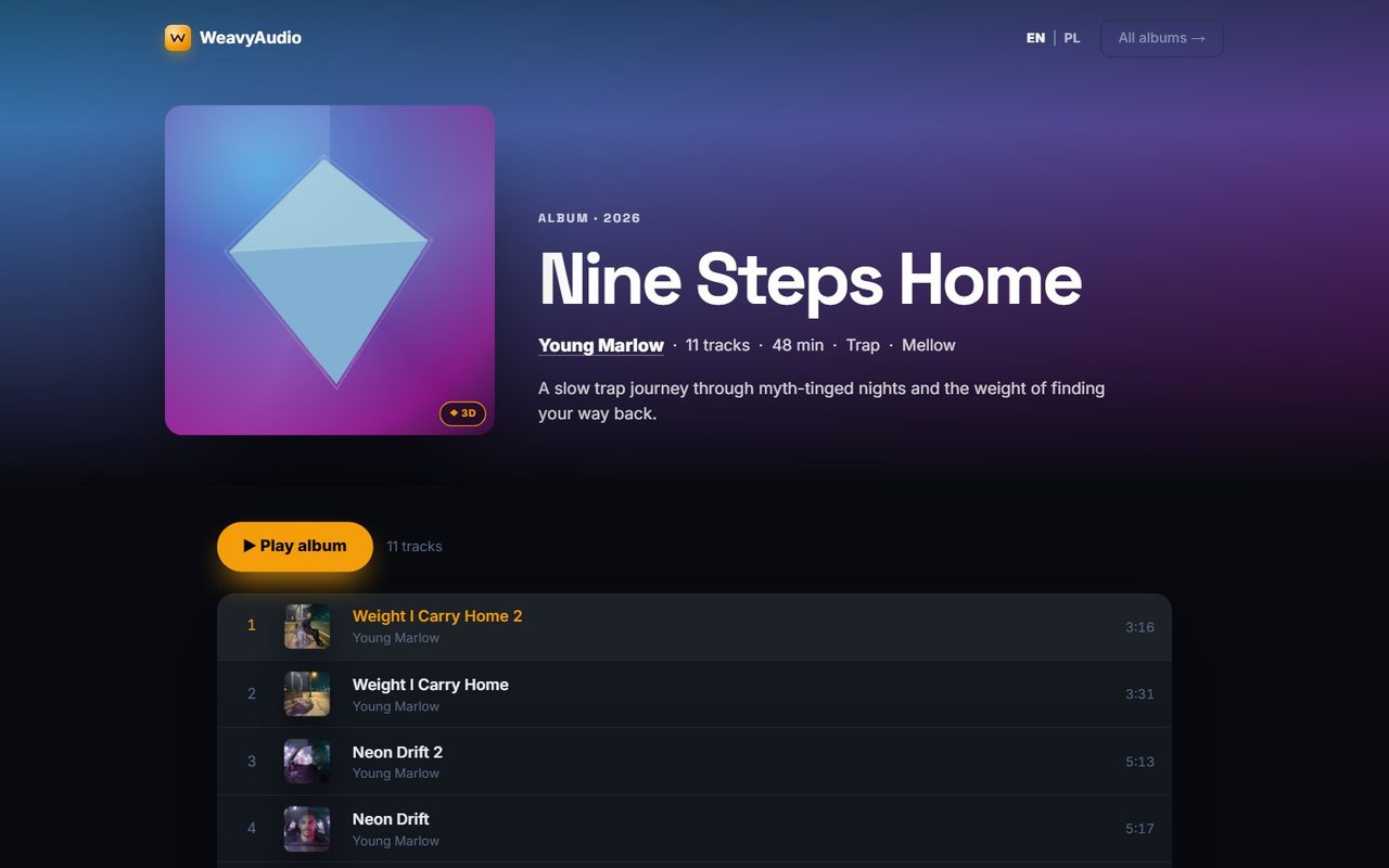 Nine Steps Home album page with cover art, 11 tracks, 48 min, Trap, Mellow, a Play album button and tracklist