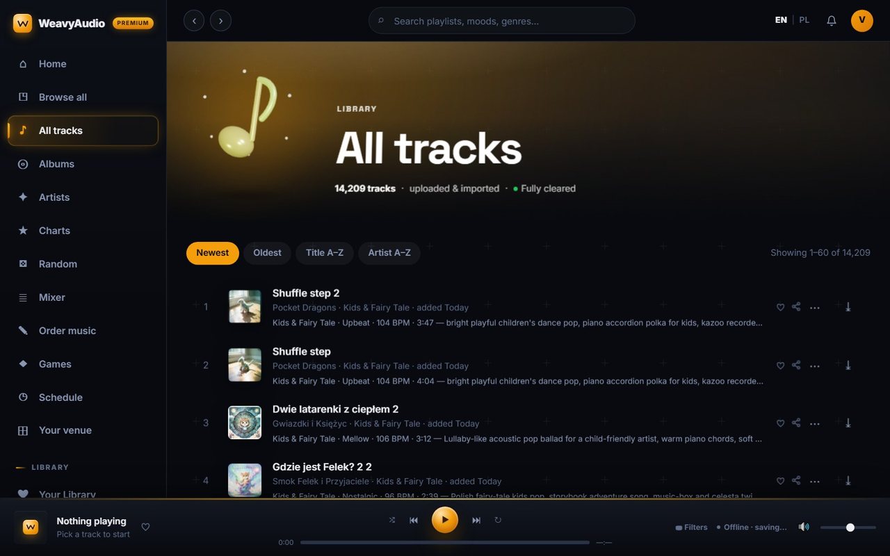 All tracks page with 14,209 tracks, Newest/Oldest/Title/Artist sort buttons and a paged track list