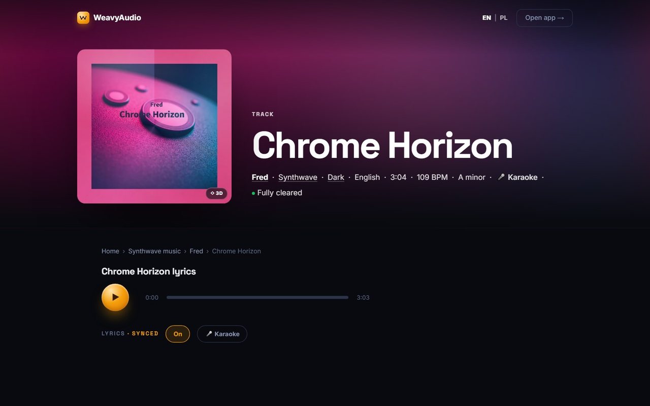 Chrome Horizon track page with cover, genre, BPM and key details, a player and synced lyrics with a Karaoke button