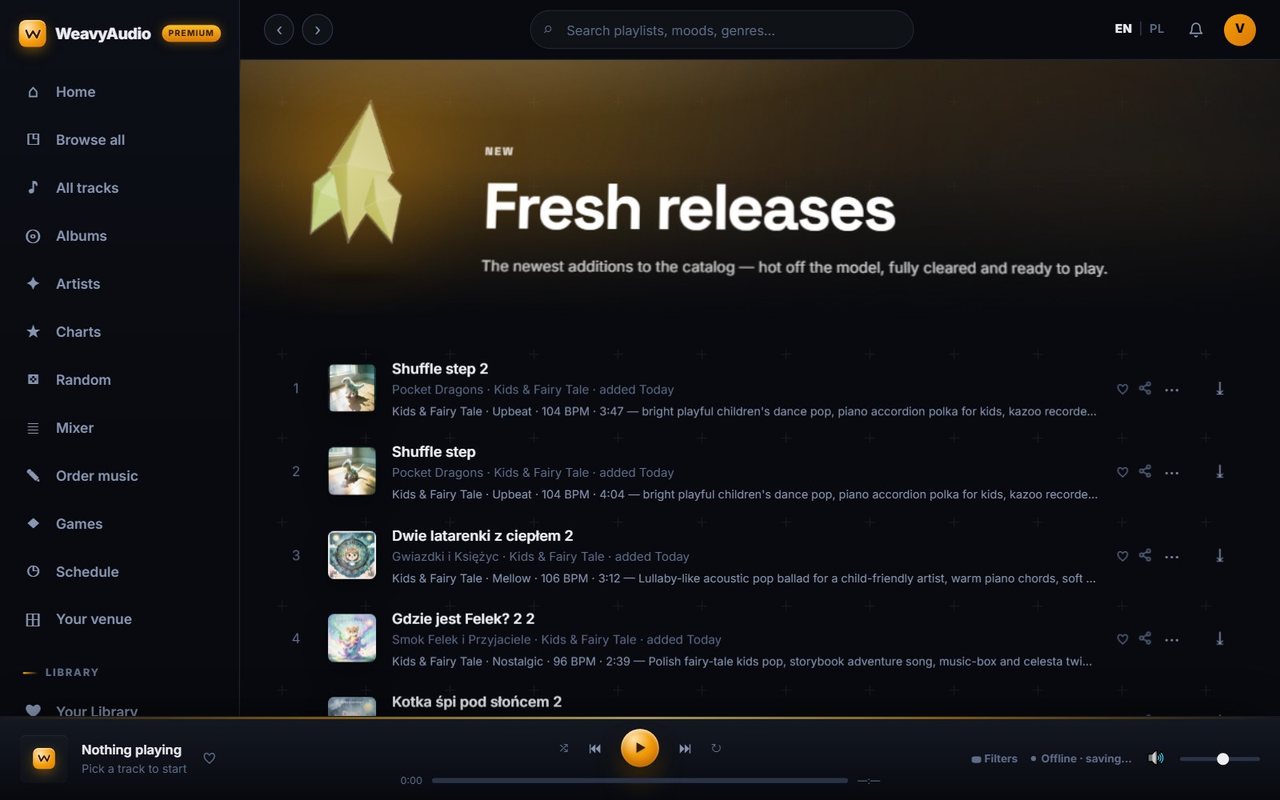 Fresh releases page listing the newest tracks added today, with covers, artists, BPM and sound descriptions