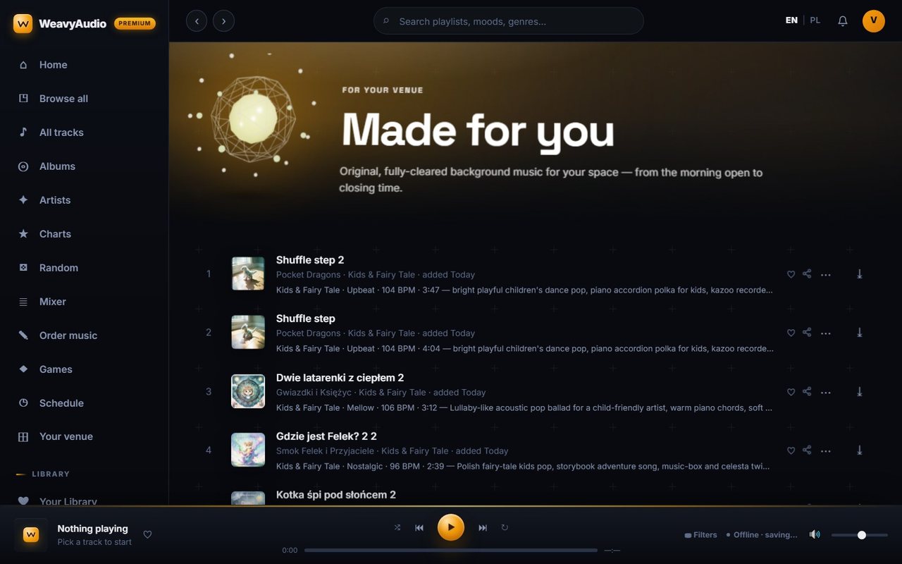 Made for you page with a For your venue header and a list of recently added tracks with covers and details