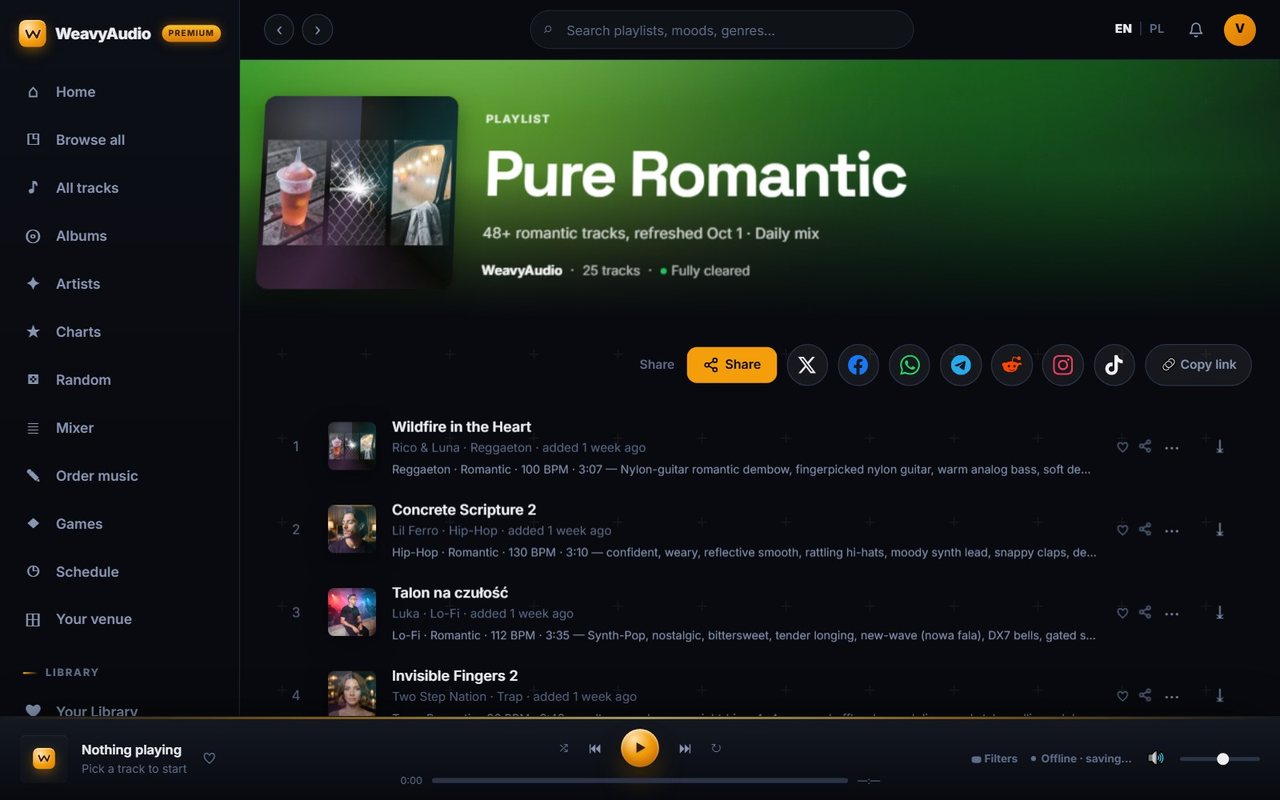 Pure Romantic playlist page with cover collage, 25 tracks, social share buttons and the track list