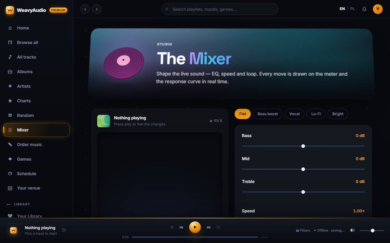 The Mixer page with Flat, Bass boost, Vocal, Lo-Fi and Bright presets and Bass, Mid, Treble and Speed sliders
