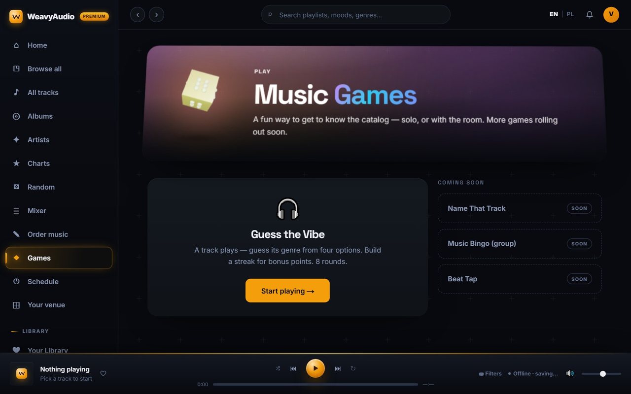 Music Games page with the Guess the Vibe card and Start playing button, plus three games marked Coming soon