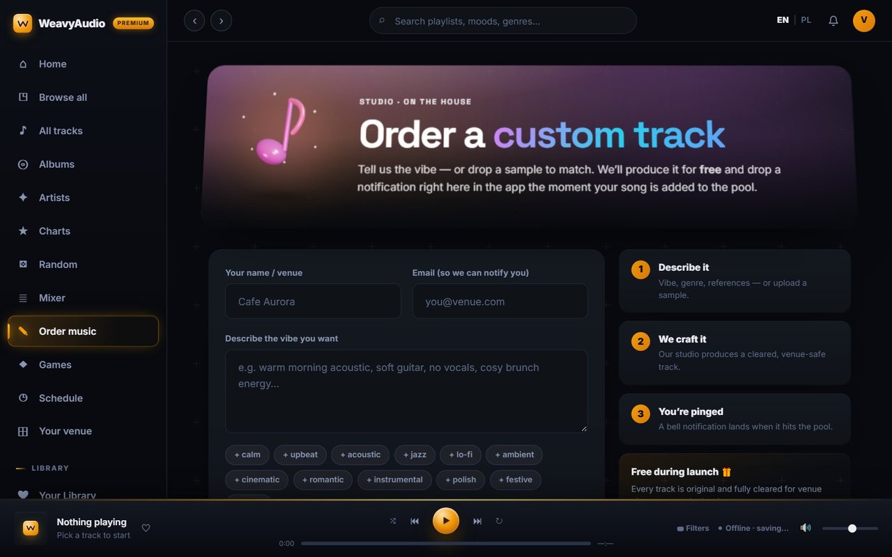 Order a custom track form with venue name, email, vibe description, mood tags and a three-step process panel