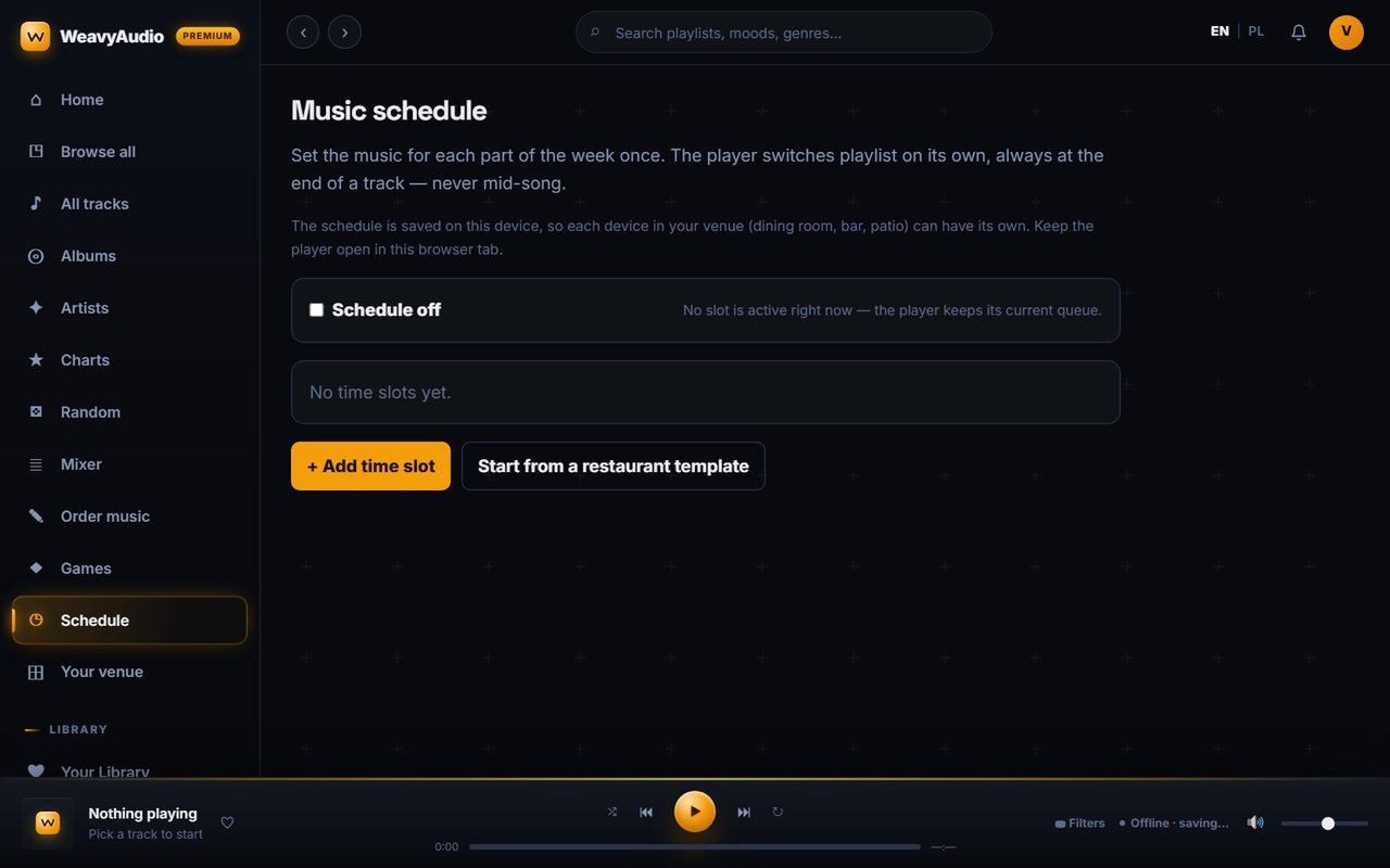 Music schedule page with Schedule off toggle, empty time slots, Add time slot and restaurant template buttons