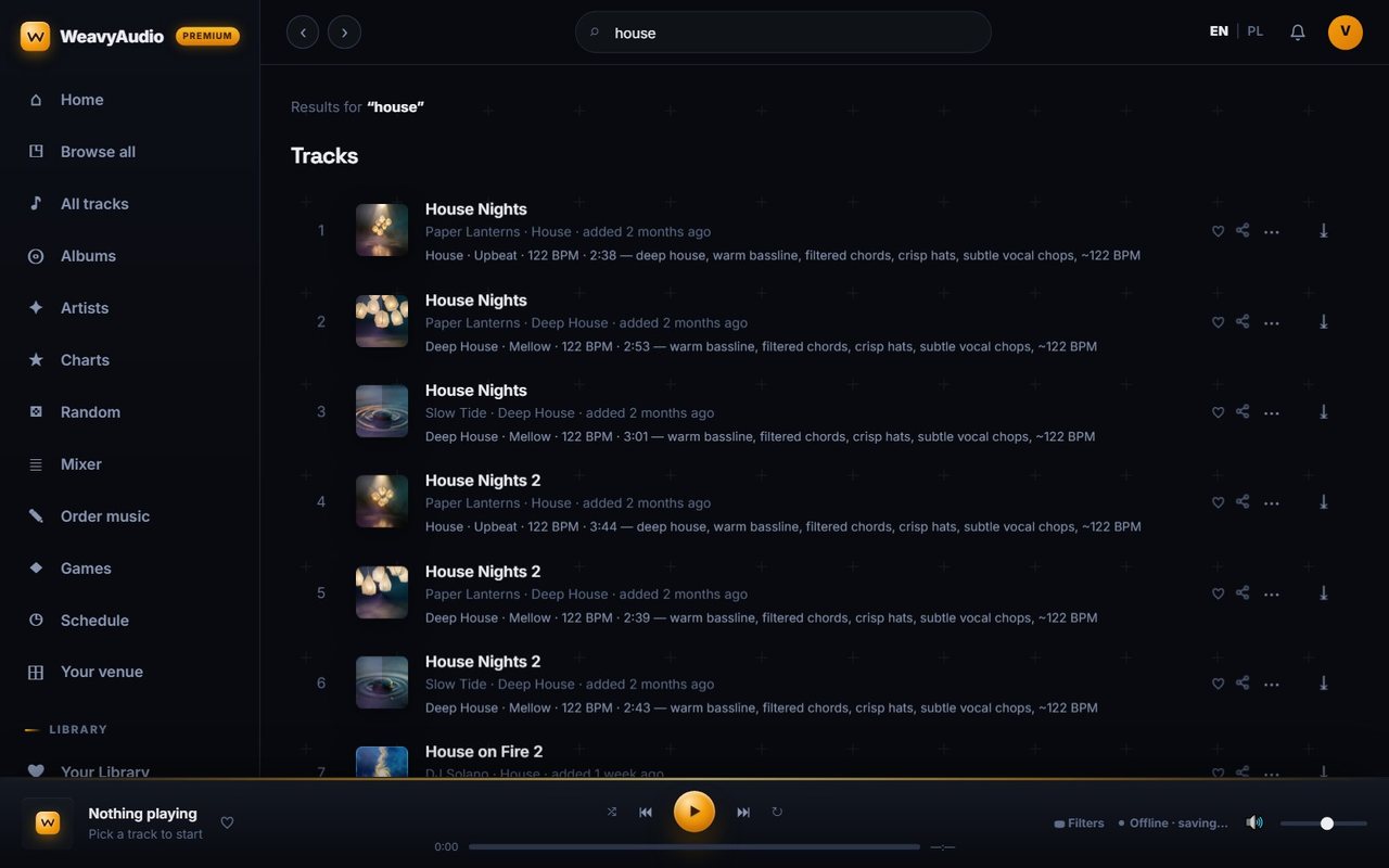 Search results for house showing a numbered track list with covers, artists, BPM, sound descriptions and action icons