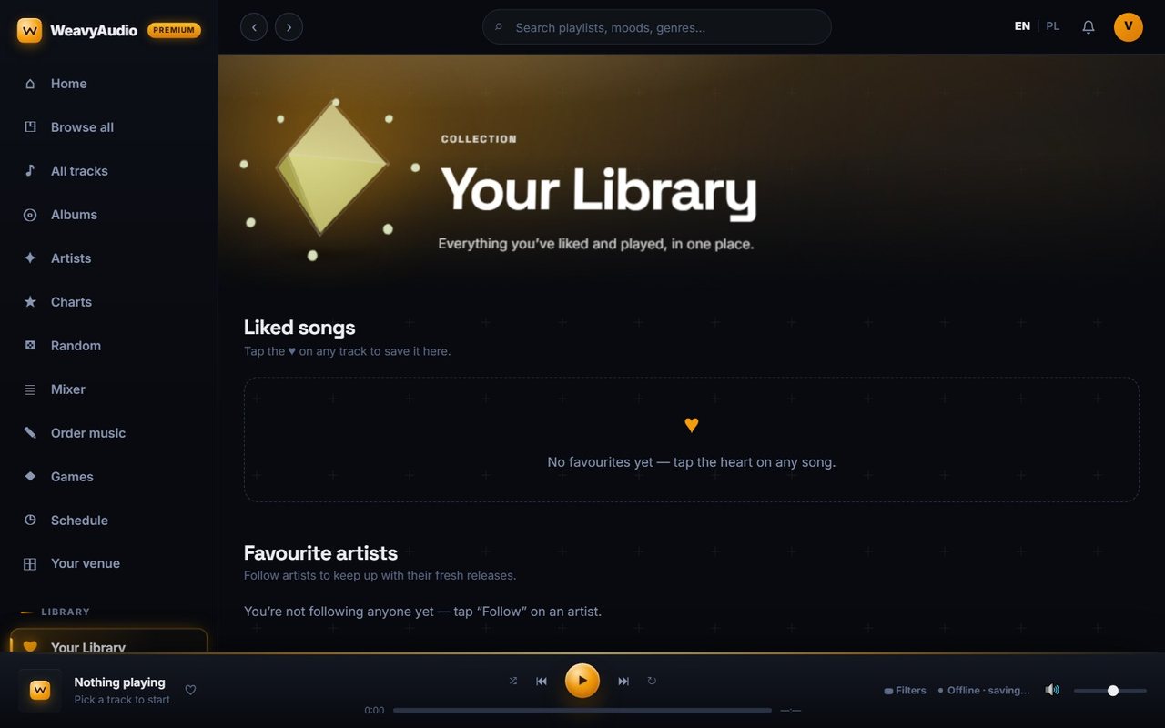 Your Library page with empty Liked songs and Favourite artists sections and prompts to tap the heart or Follow