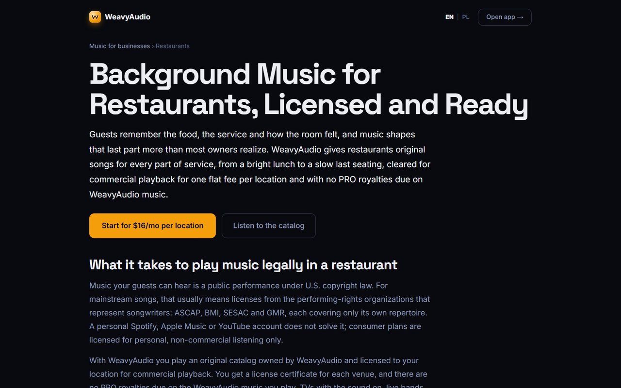 Restaurant guide page titled Background Music for Restaurants, Licensed and Ready, with pricing and catalog buttons