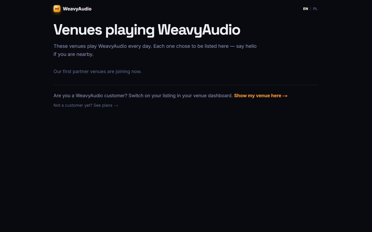 Venues playing WeavyAudio partners page with a note that first partner venues are joining and a Show my venue here link
