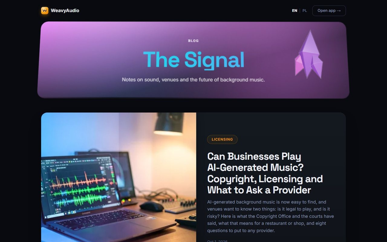 The Signal blog page with a featured licensing article about AI-generated music and a laptop showing audio waveforms