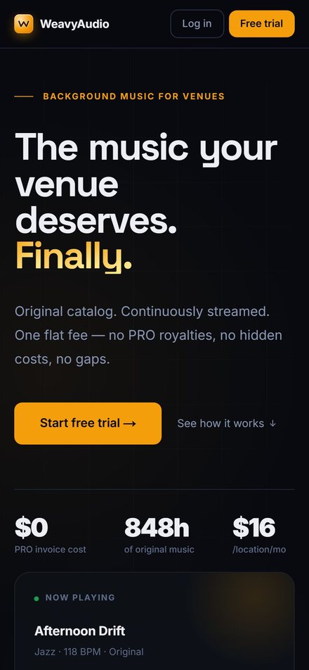 WeavyAudio landing page on a phone: stacked headline, Start free trial button, three stats and the Now playing card